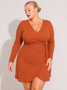 Socialite Curve Ribbed Knit Faux Wrap Dress Rust Orange 1X NWOT
